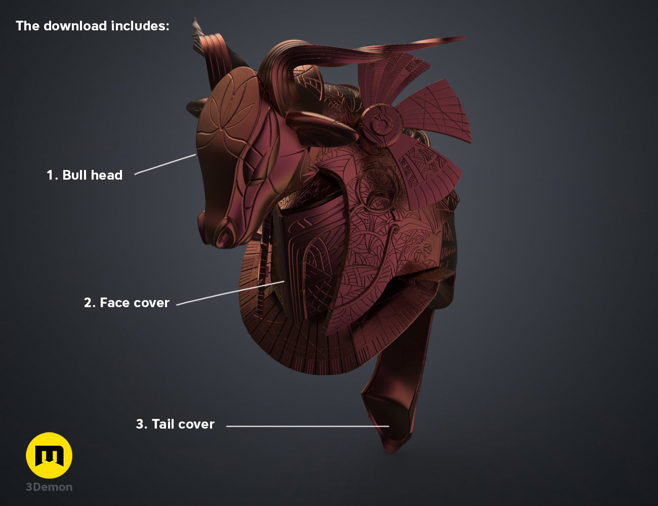 Exploded view of Bull Helmet STL, red 3D printed bull head, face, and tail covers, cosplay prop.