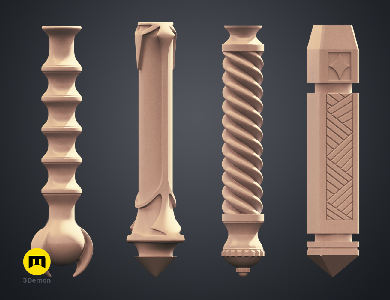 Digital 3D render of Hogwarts Legacy Wand Grips vol. 4, four unique textured wand designs, printable 3D model.