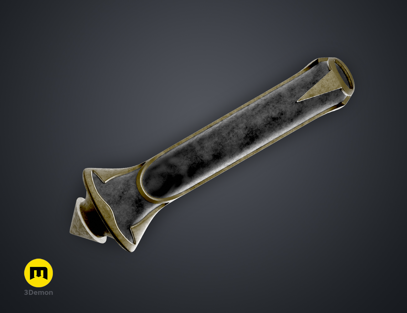 Textured 3D render of Hogwarts Legacy Wand Grips vol. 4, dark grey wooden grip with brass accents.