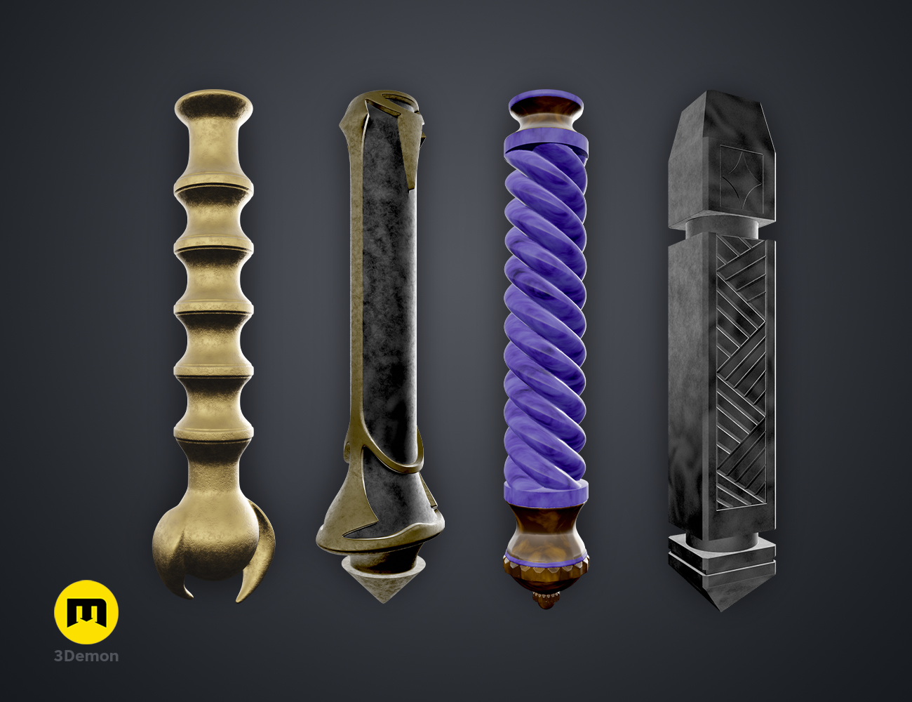 Digital 3D render of Hogwarts Legacy Wand Grips vol. 4, gold, purple, and grey textured designs, 4 unique grips.