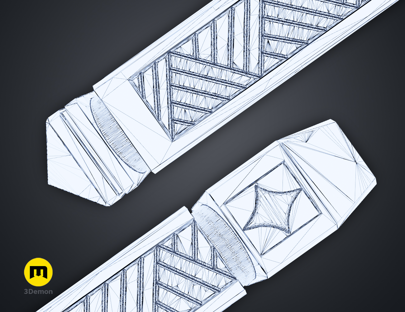 Wireframe mesh render of Hogwarts Legacy Wand Grips vol. 4 STL, grey mesh texture, dual-pronged design.