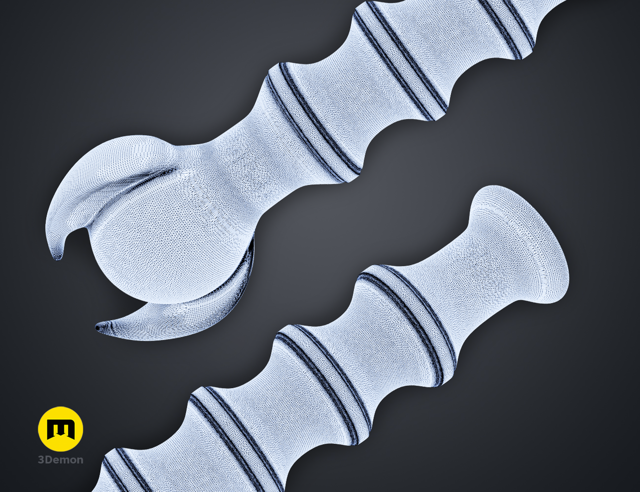 Digital 3D render of Hogwarts Legacy Wand Grips vol. 4, grey textured wand handles with ridged patterns