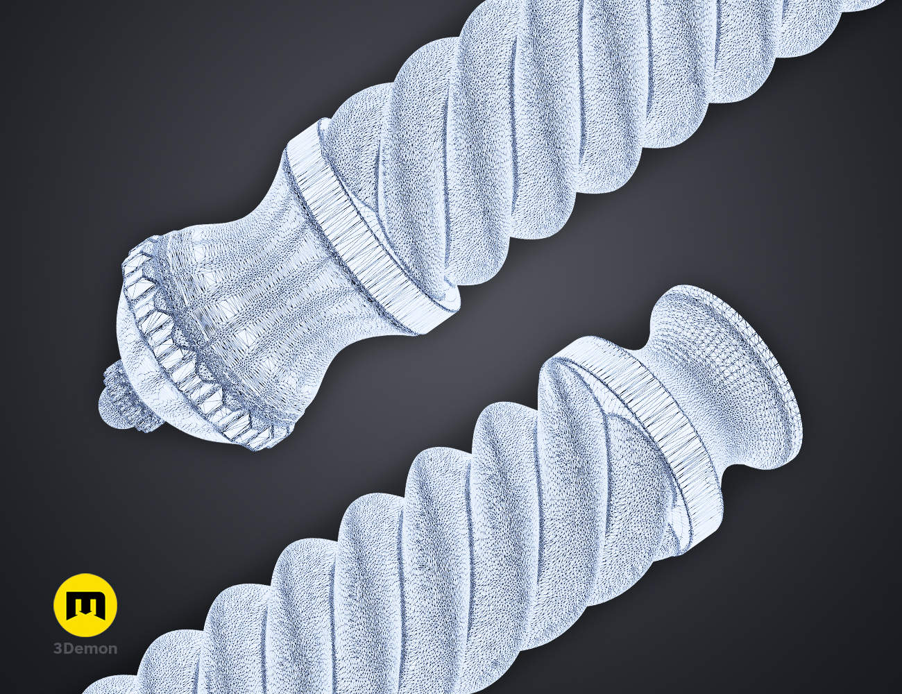 Wireframe mesh render of Hogwarts Legacy Wand Grips vol. 4 STL, grey textured 3D printed wand grips.