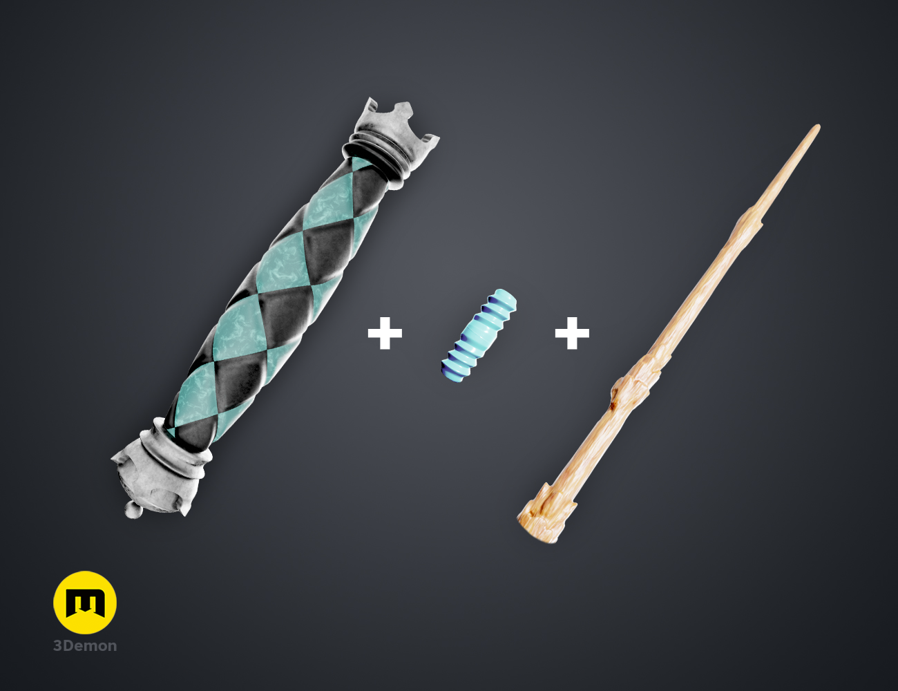 Disassembled parts of Hogwarts Legacy Wand Grips vol. 4, 3D printed wooden grip, turquoise grip, and connector.