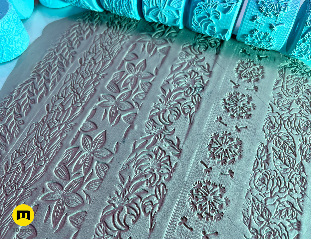 Photo of 3D printed Texture Rollers — Floral Patterns, angled view showing prop details