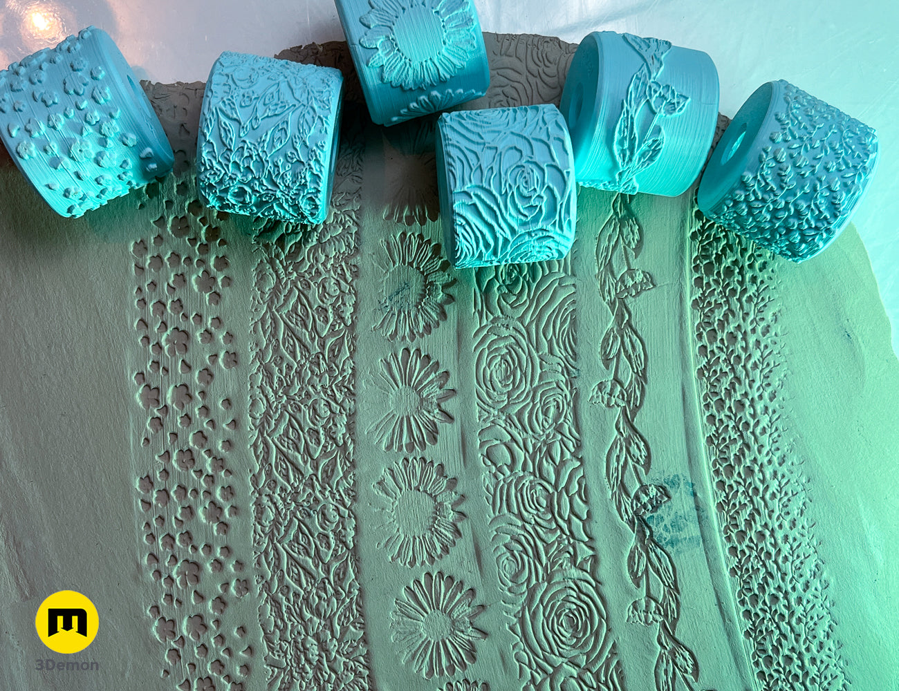 Photo of 3D printed Texture Rollers — Floral Patterns, rear view showing prop details