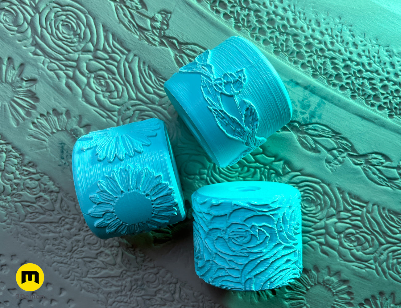 Photo of 3D printed Texture Rollers — Floral Patterns, side view showing prop details