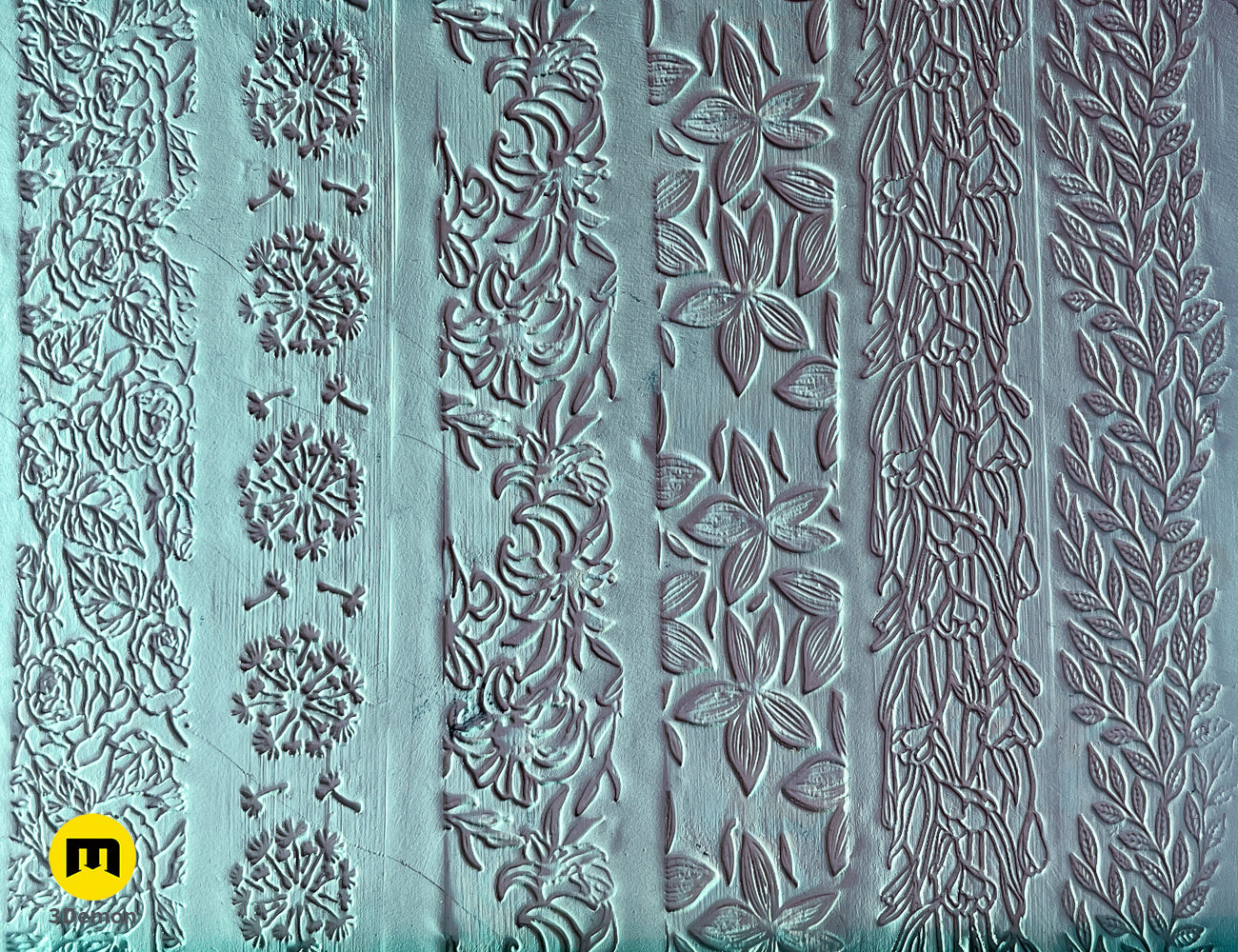 Photo of 3D printed Texture Rollers — Floral Patterns, three-quarter view showing prop details