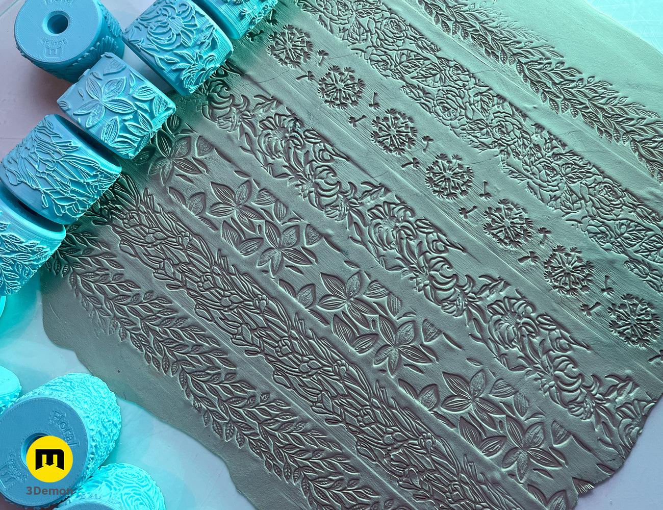 Photo of 3D printed Texture Rollers — Floral Patterns, three-quarter view showing prop details