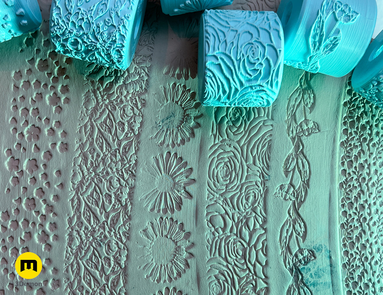 Photo of 3D printed Texture Rollers — Floral Patterns, top-down view showing prop details