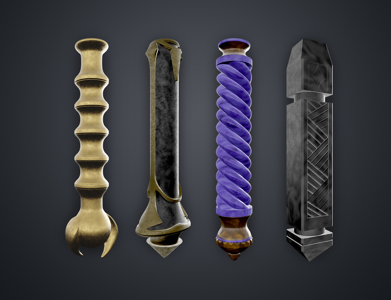 Textured 3D render of Hogwarts Legacy Wand Grips vol. 4, gold, purple, and grey 3D printed wands.