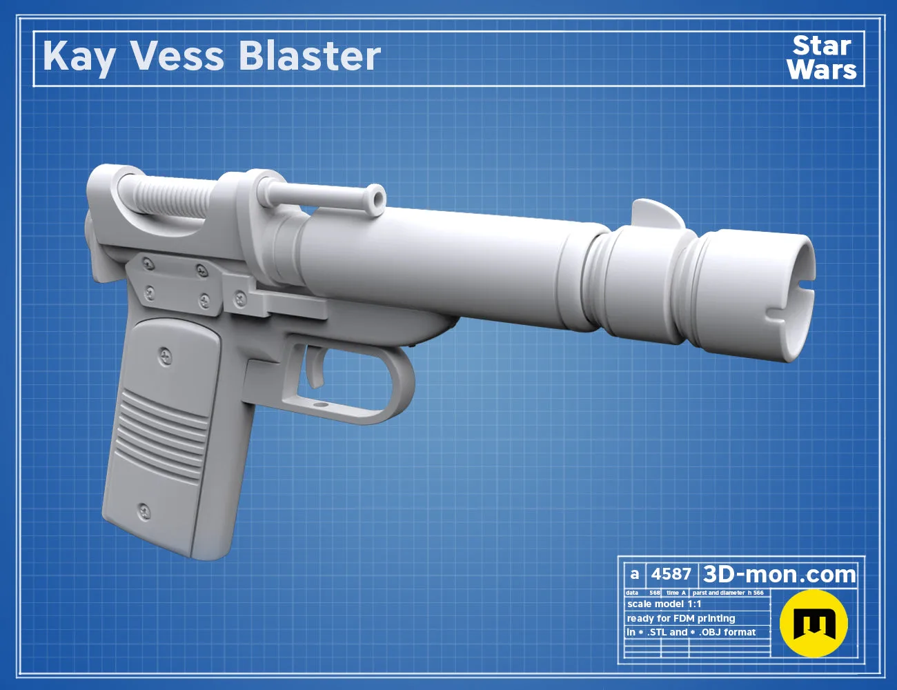 3D model render of Kay Vess Blaster - Star Wars Outlaws, grey pistol-style blaster, printable STL.