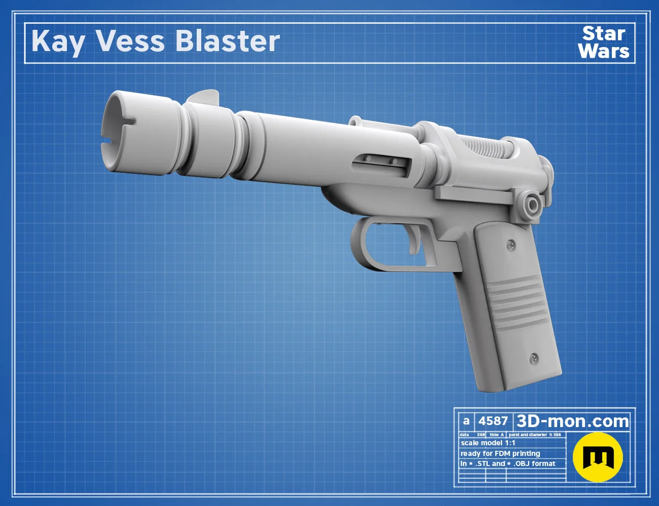 Digital 3D render of Kay Vess Blaster STL, grey Star Wars blaster with textured grip, ready for 3D print.