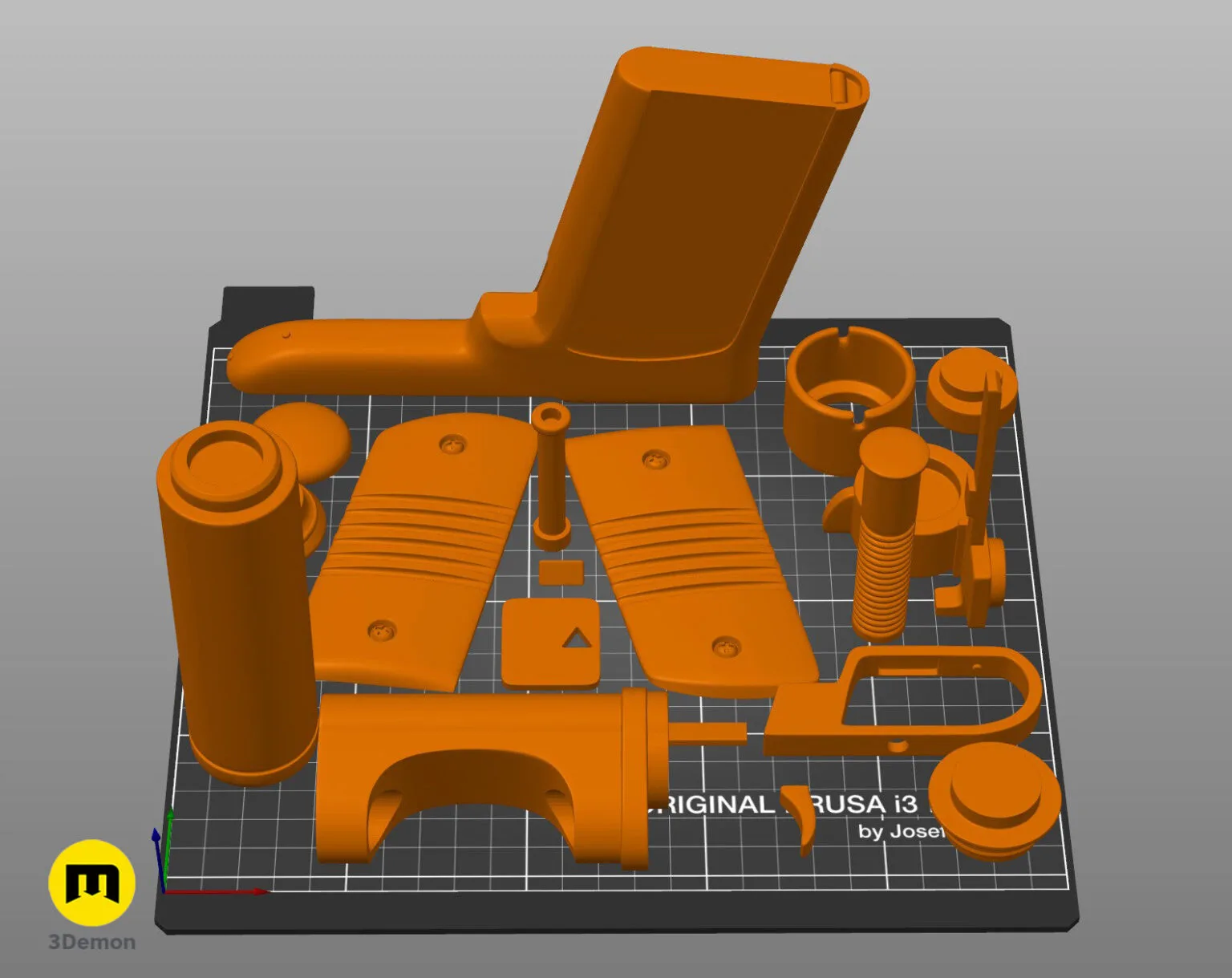Disassembled parts of Kay Vess Blaster STL, 10 orange 3D printed pieces for Star Wars cosplay prop