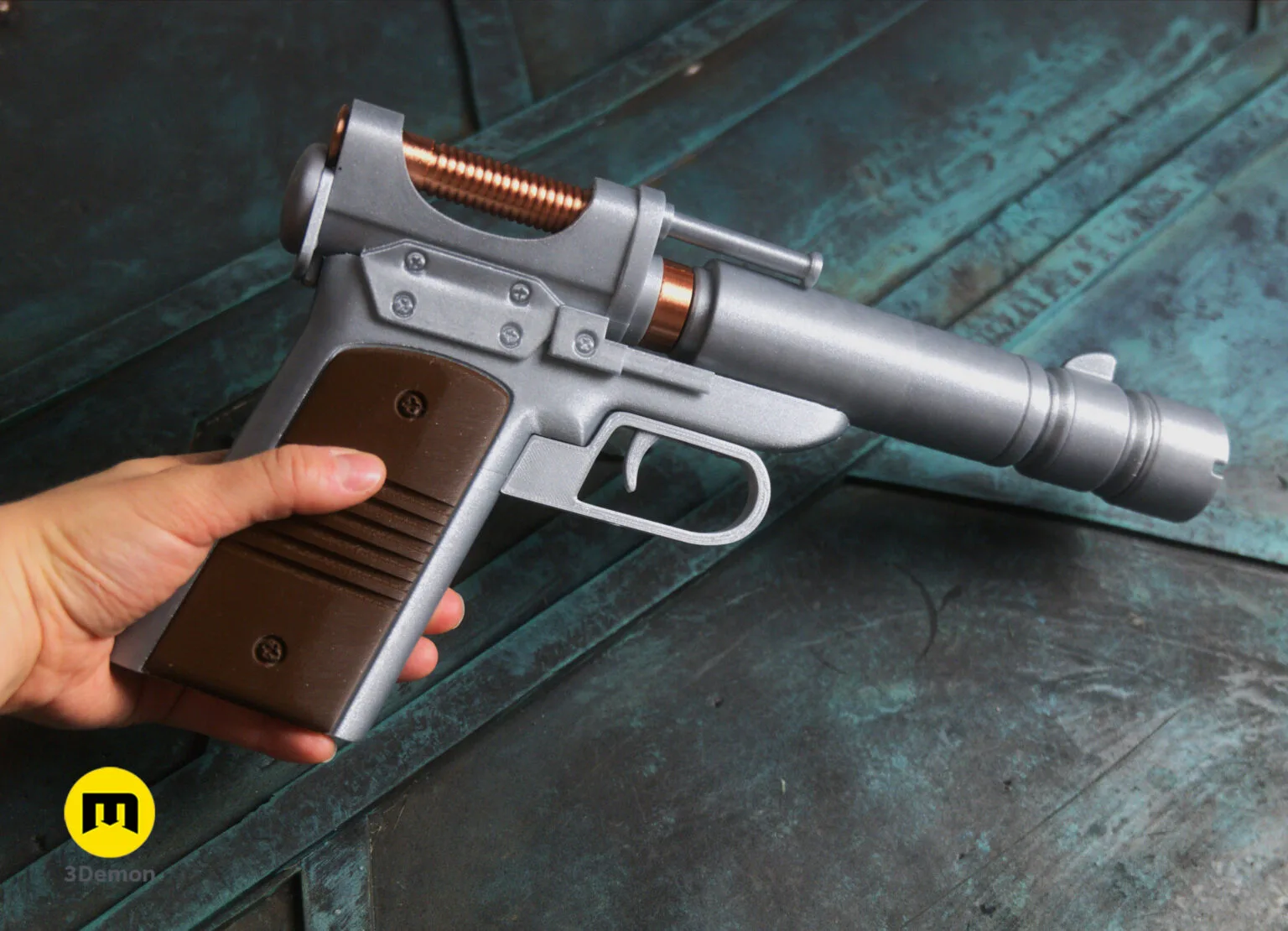 Photo of Kay Vess Blaster from Starwars. Cosplay costume 3D print STL file hand