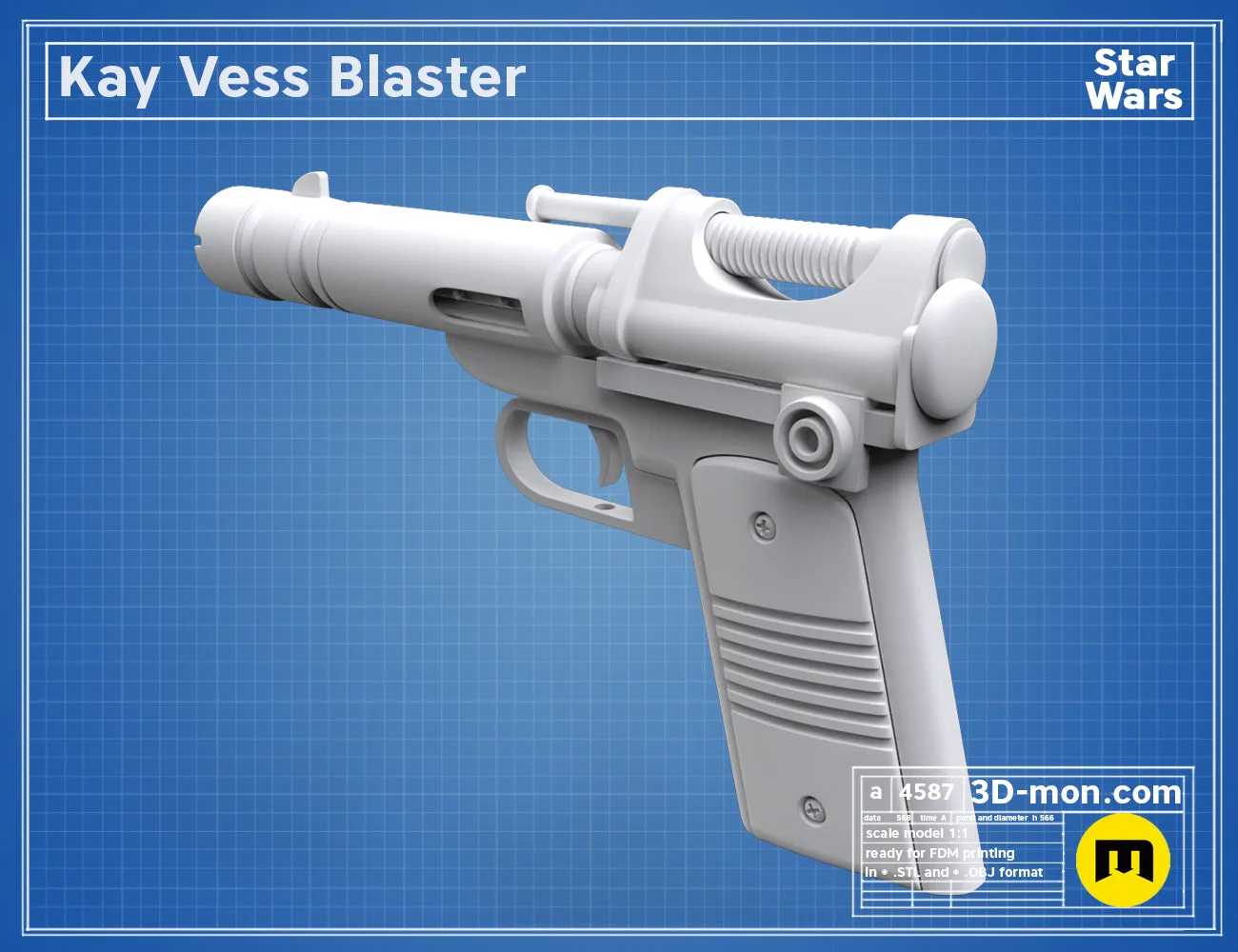 Printable 3D model of Kay Vess Blaster, grey Star Wars blaster with grip and barrel, 3D print.