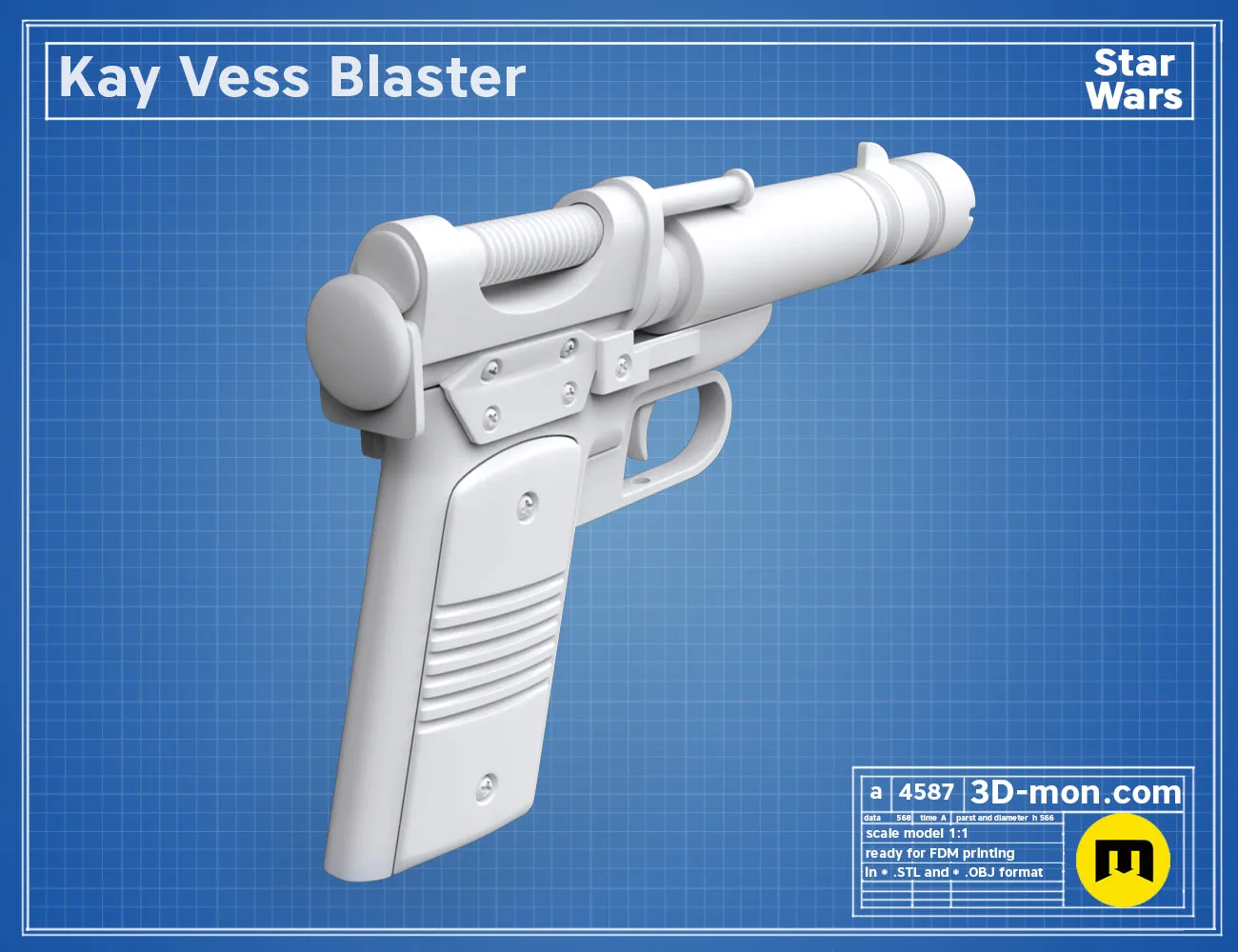 Printable 3D model of Kay Vess Blaster, white Star Wars pistol with textured grip, ready for 3D print.