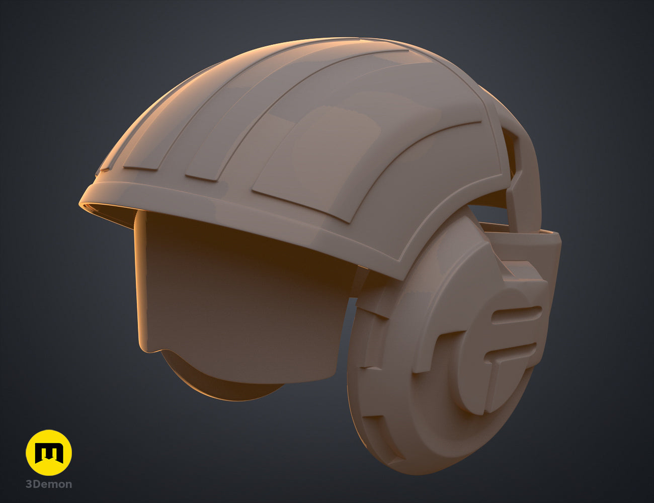 3D model render of Sabine Speeder Helmet - Ahsoka, beige 3D printed cosplay helmet with visor.