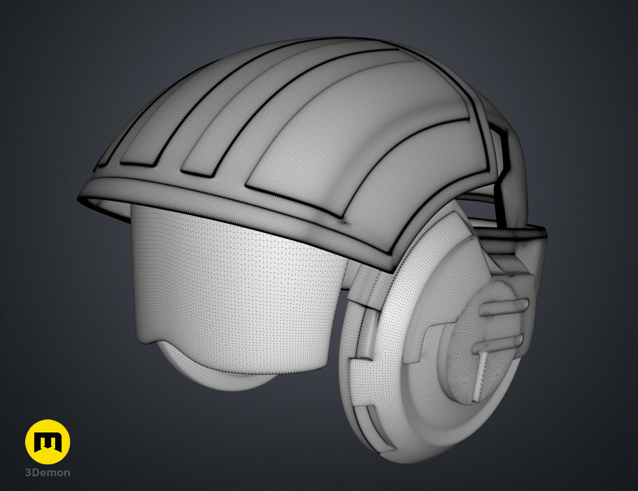 Wireframe mesh render of Sabine Speeder Helmet - Ahsoka STL, grey mesh topology, vented visor.