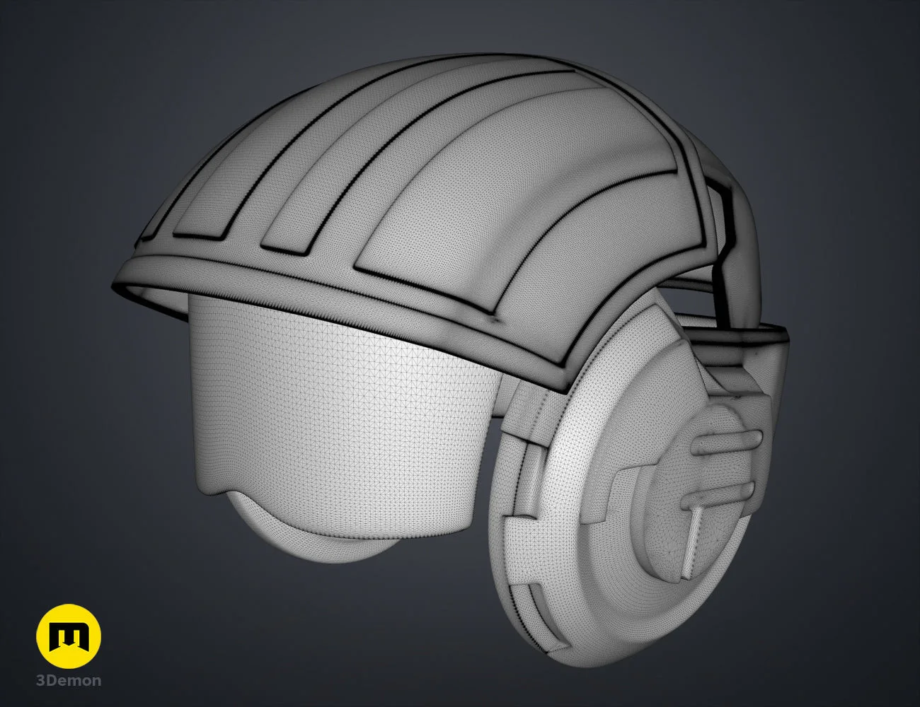 Wireframe mesh render of Sabine Speeder Helmet - Ahsoka STL, grey mesh topology, vented visor.