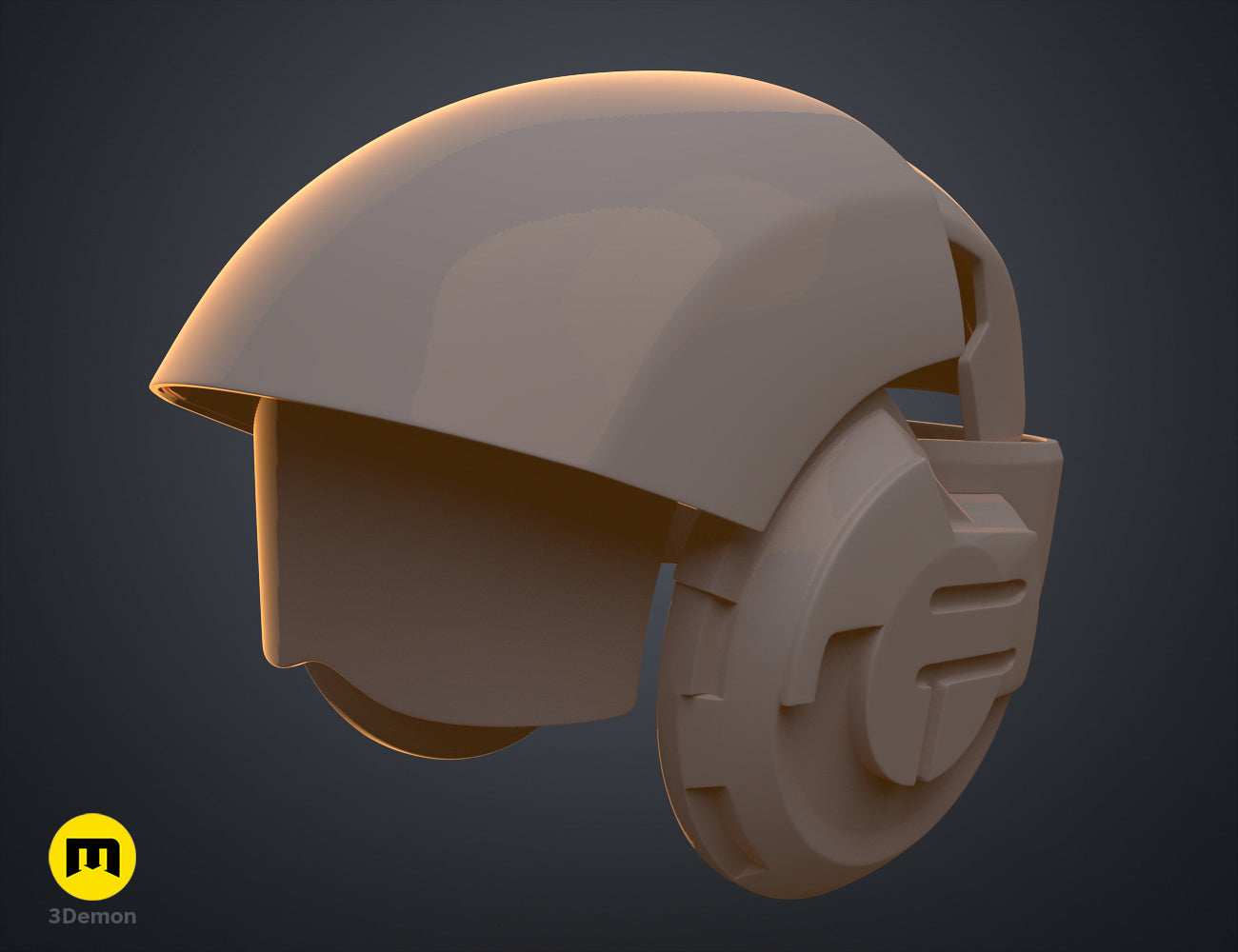 Digital 3D render of Sabine Speeder Helmet - Ahsoka, beige 3D printed cosplay helmet with side vent.