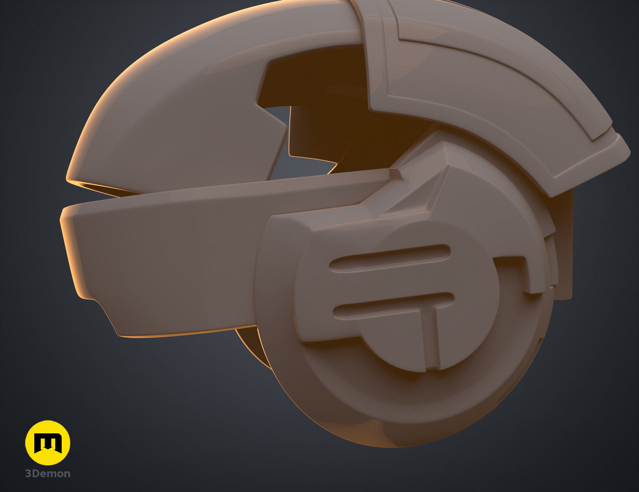 Digital 3D render of Sabine Speeder Helmet - Ahsoka, grey 3D printed cosplay prop with visor.