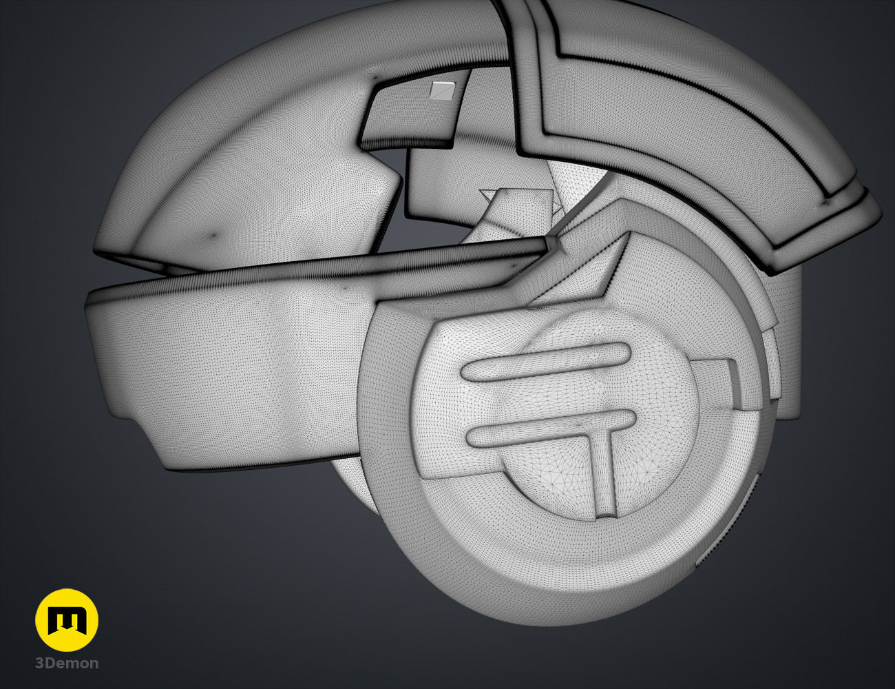 Wireframe mesh render of Sabine Speeder Helmet - Ahsoka STL, grey mesh, curved visor and vents.