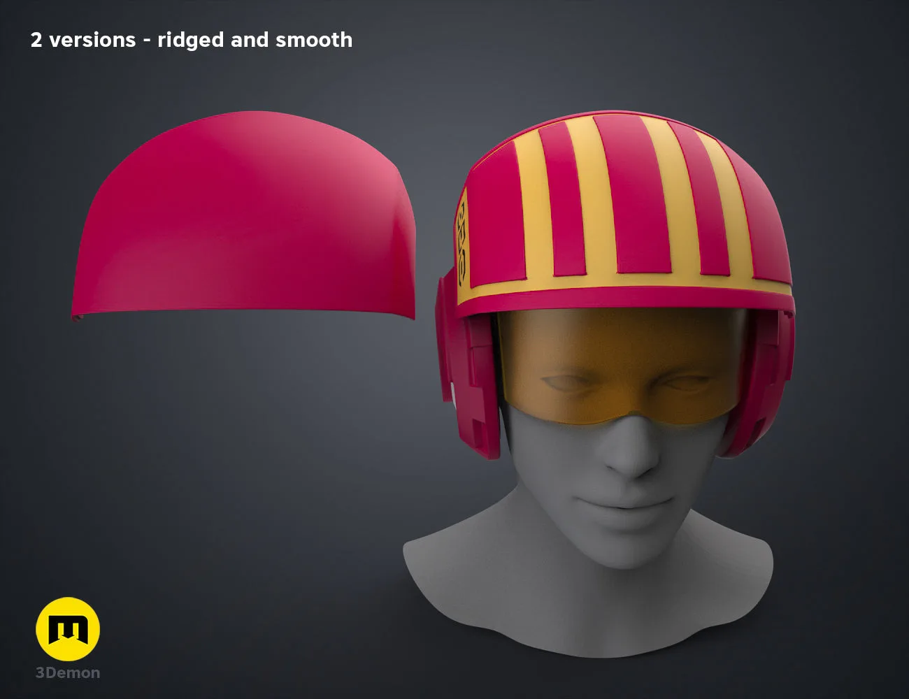 Textured 3D render of Sabine Speeder Helmet - Ahsoka, pink/yellow striped cosplay 3D print.