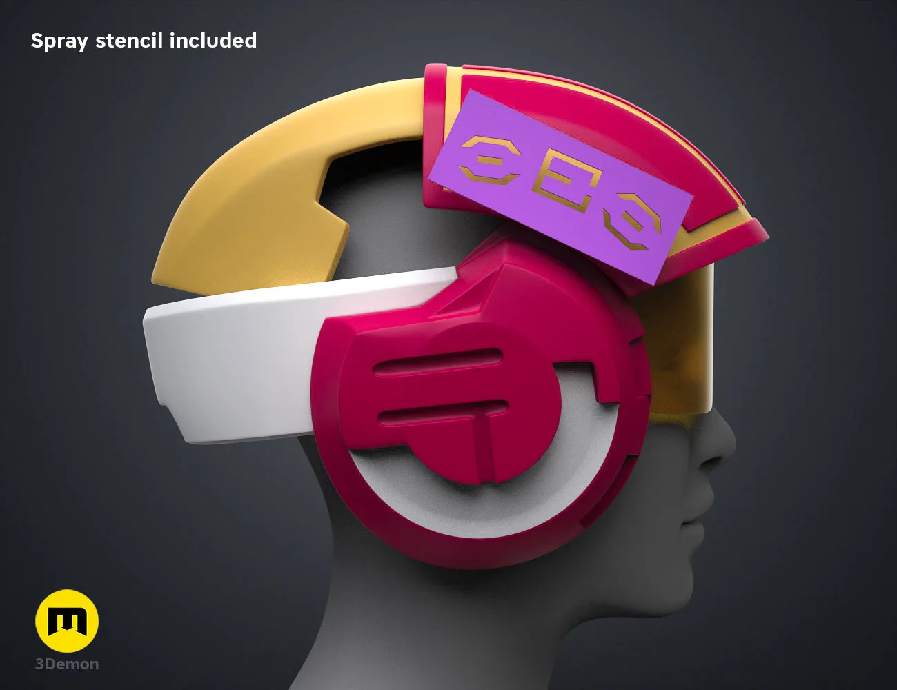 Textured 3D render of Sabine Speeder Helmet - Ahsoka, pink/white visor, gold band, 3D print cosplay prop.