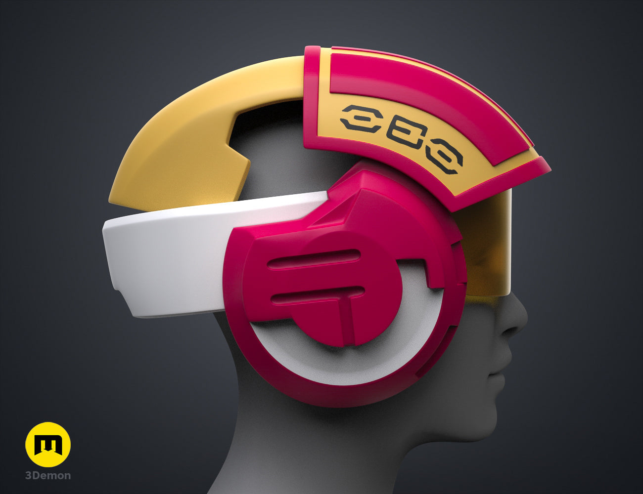 Painted 3D render of Sabine Speeder Helmet - Ahsoka, red/yellow/white Star Wars cosplay prop, 3D printed.