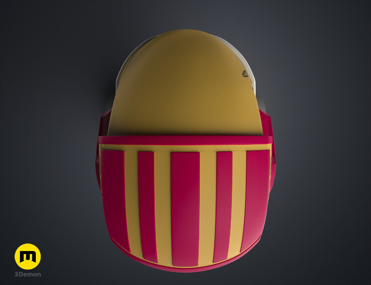 Textured 3D render of Sabine Speeder Helmet - Ahsoka, red/yellow striped cosplay prop, smooth dome top.