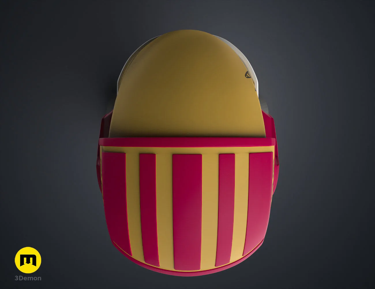 Textured 3D render of Sabine Speeder Helmet - Ahsoka, red/yellow striped cosplay prop, smooth dome top.