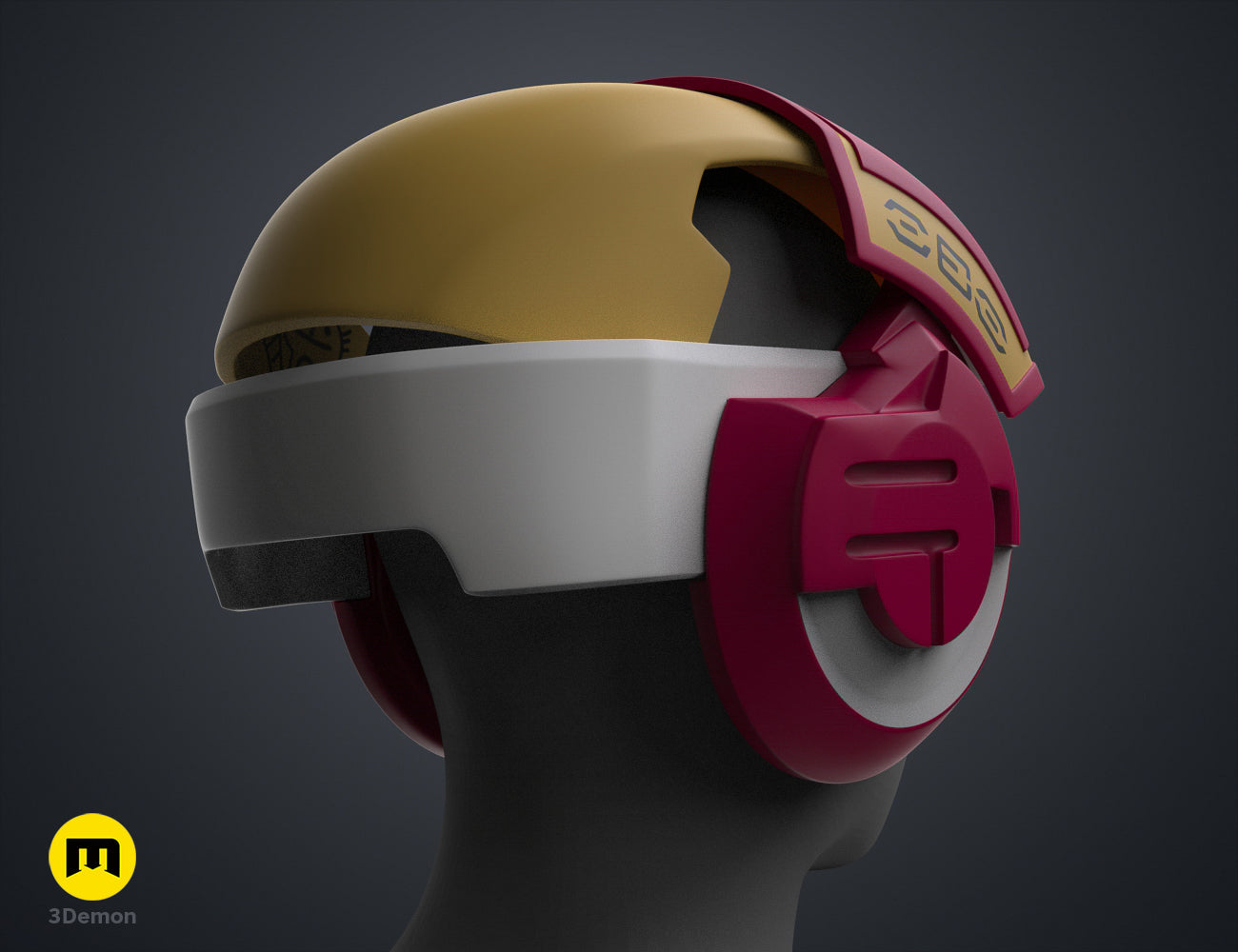 Textured 3D render of Sabine Speeder Helmet - Ahsoka STL, gold, maroon, and silver 3D printed cosplay prop.