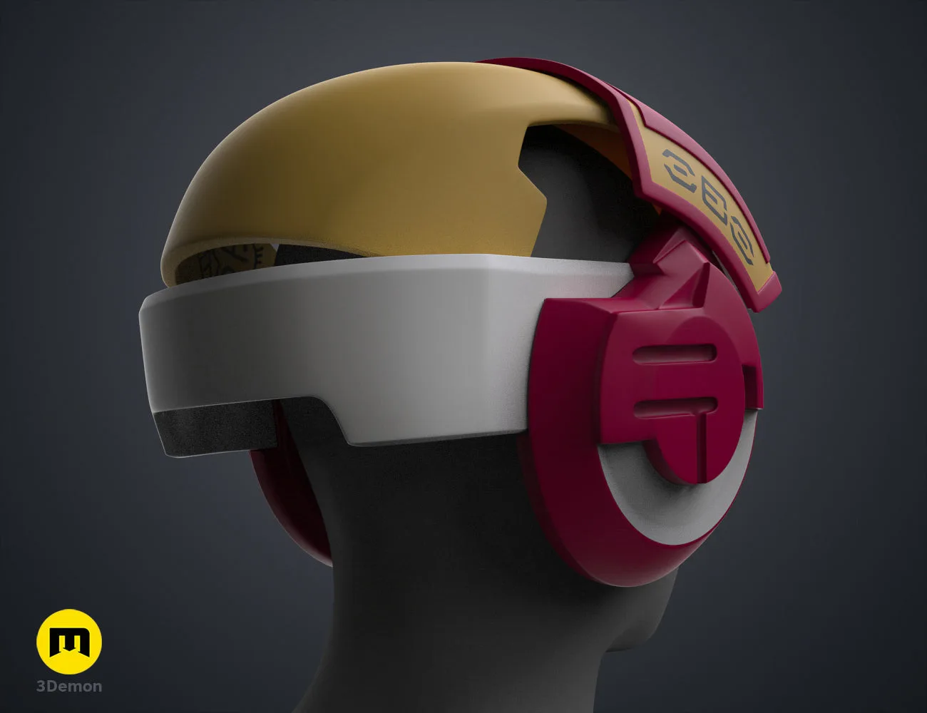 Textured 3D render of Sabine Speeder Helmet - Ahsoka STL, gold, maroon, and silver 3D printed cosplay prop.