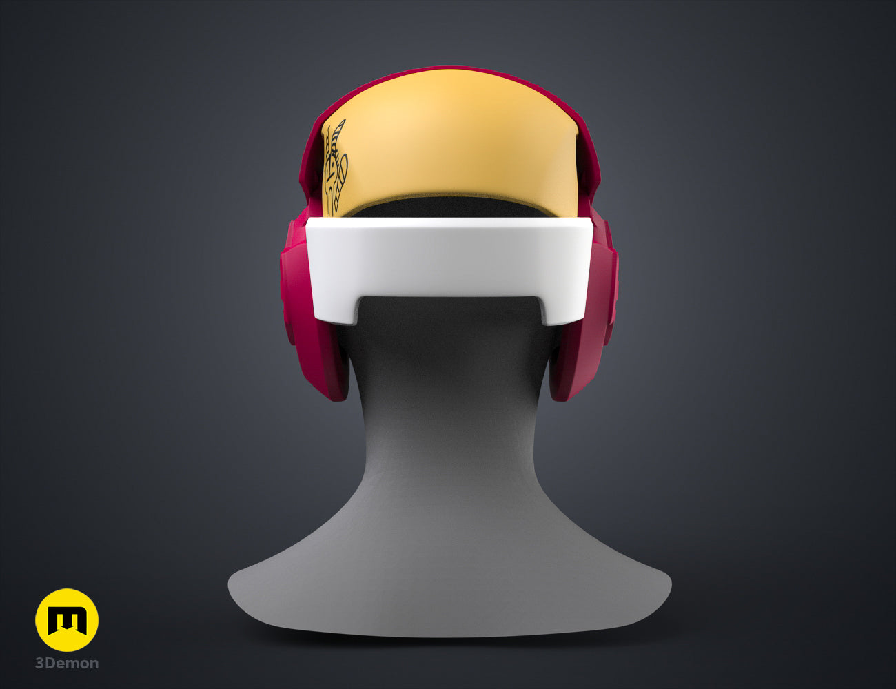 Digital 3D render of Sabine Speeder Helmet - Ahsoka STL, maroon and yellow cosplay prop.