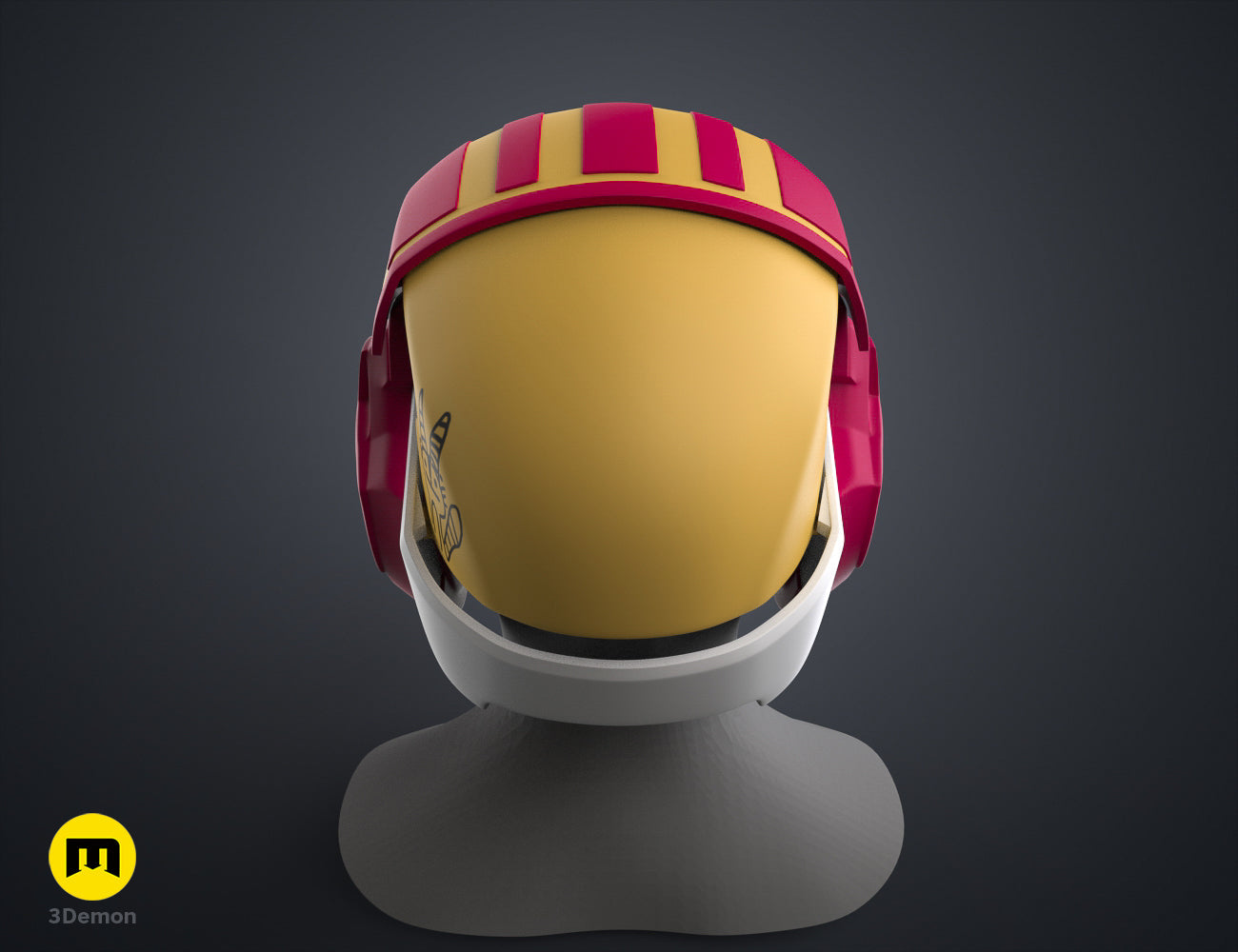 Textured 3D render of Sabine Speeder Helmet - Ahsoka, yellow and pink striped cosplay prop.
