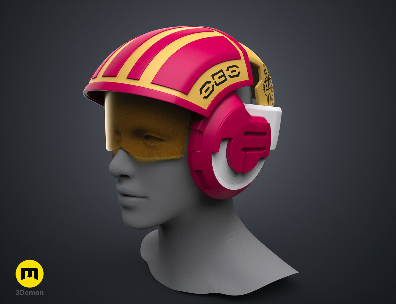 Textured 3D render of Sabine Speeder Helmet - Ahsoka, pink/yellow striped cosplay prop with ear muffs.