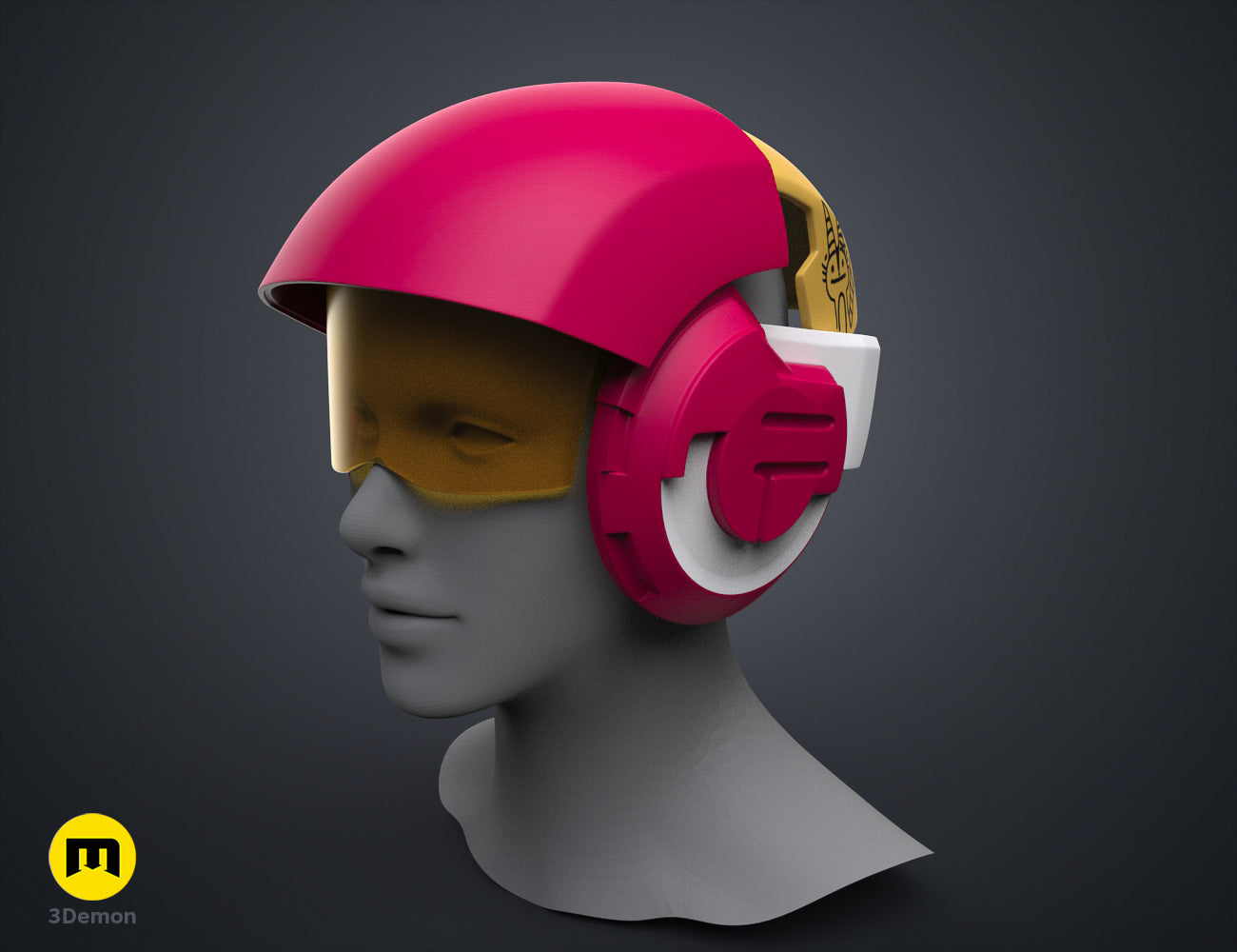 Textured 3D render of Sabine Speeder Helmet - Ahsoka, pink helmet with gold accents, ear headphones.
