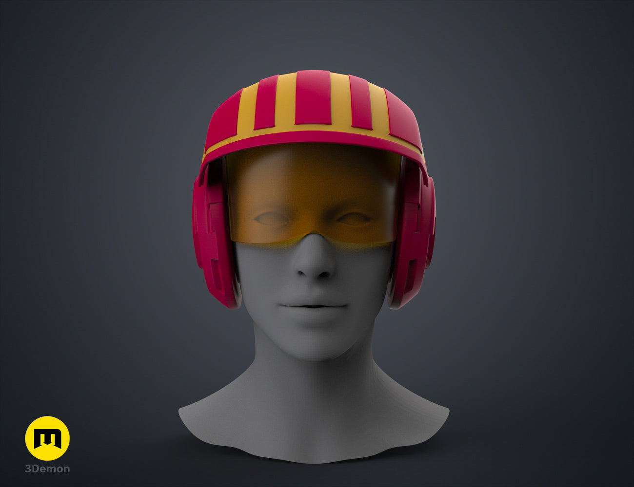 Digital 3D render of Sabine Speeder Helmet - Ahsoka, pink/yellow striped 3D printed cosplay prop.