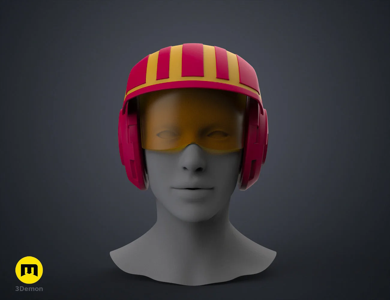 Digital 3D render of Sabine Speeder Helmet - Ahsoka, pink/yellow striped 3D printed cosplay prop.