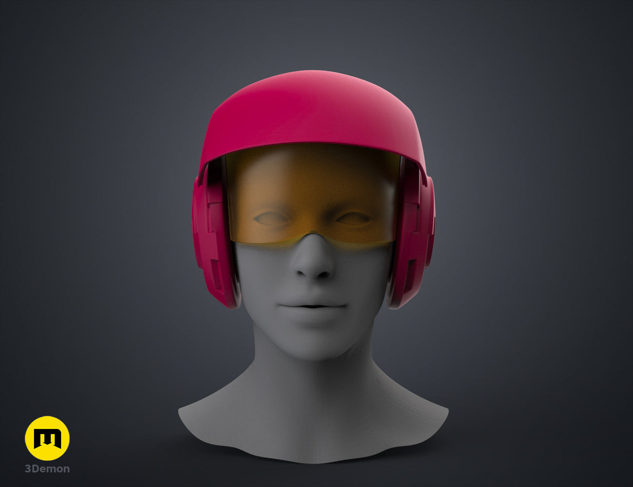 Digital 3D render of Sabine Speeder Helmet STL, pink helmet with clear visor, 3D print cosplay prop.