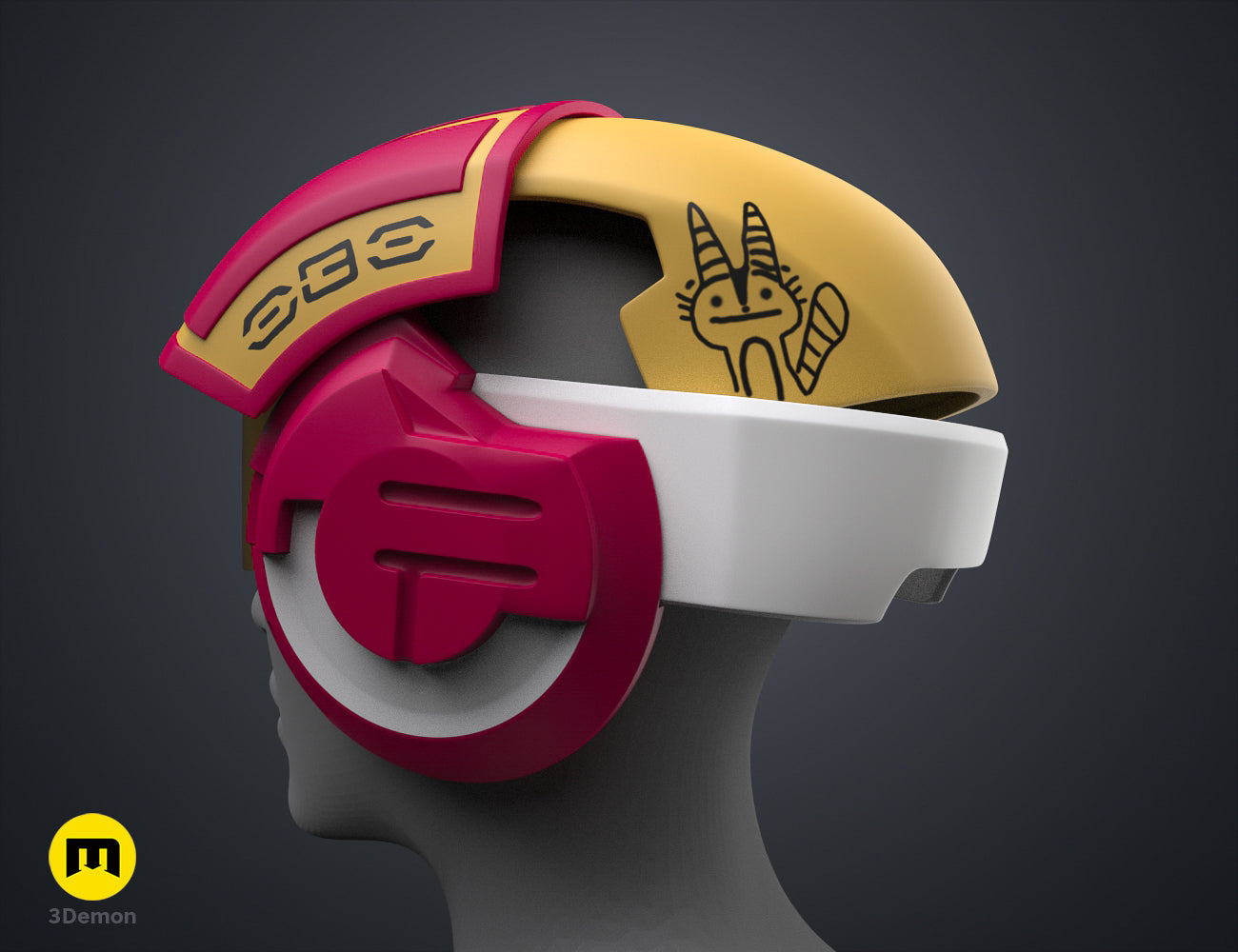 Textured 3D render of Sabine Speeder Helmet - Ahsoka, red Euro symbol, beige Ahsoka face, 3D print cosplay.