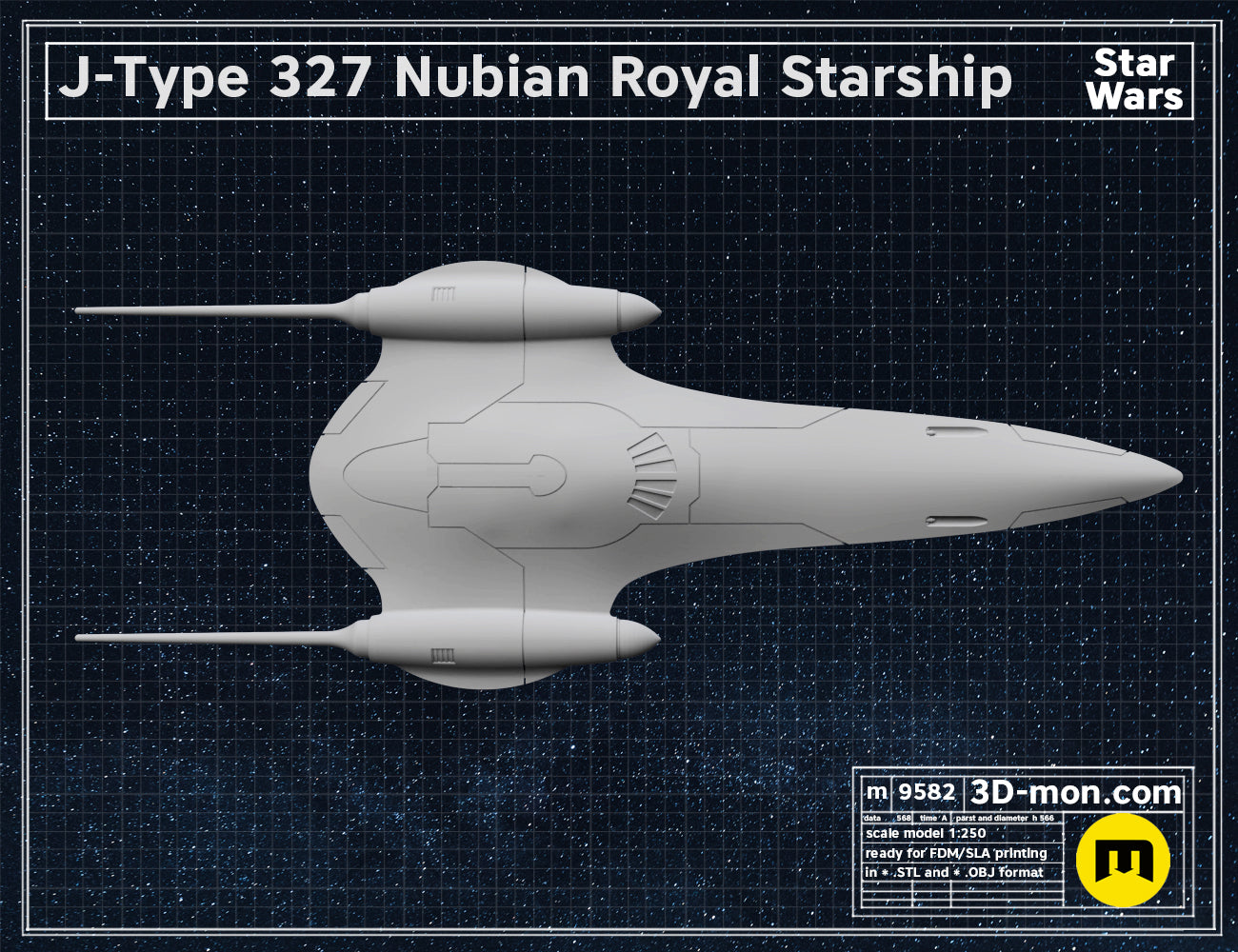 3D model render of J-Type 327 Nubian Royal Starship STL, sleek grey starship with twin engines.