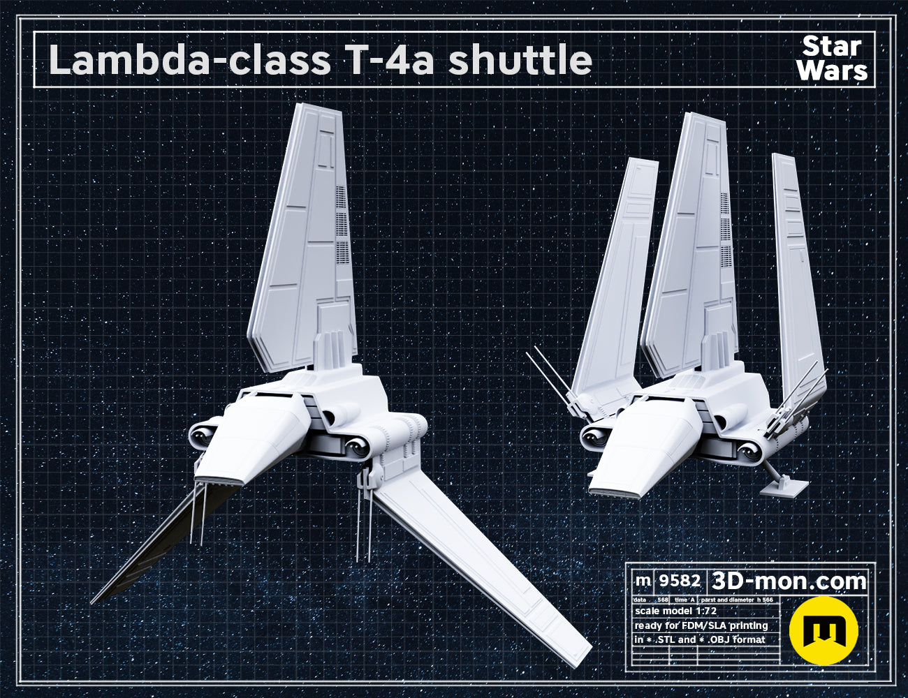 3D model render of Lambda-class T-4a shuttle STL, white dual-winged shuttle, 3D print-ready.
