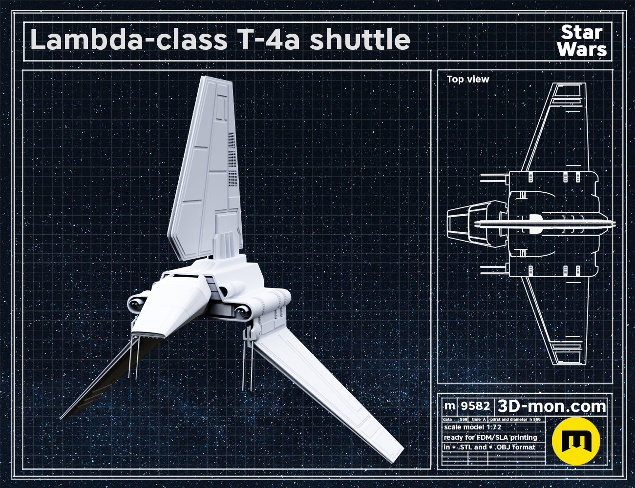 3D model render of Lambda-class T-4a shuttle STL, white shuttle with two landing prongs, printable.