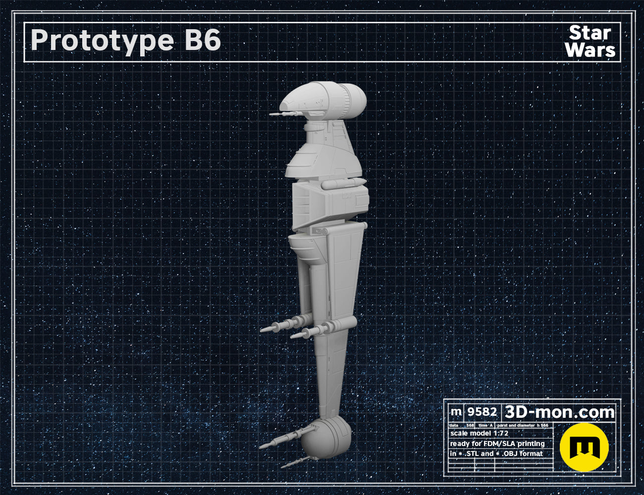 3D model render of Prototype B6 Star Wars cosplay, grey bipedal droid, 1:72 scale STL.