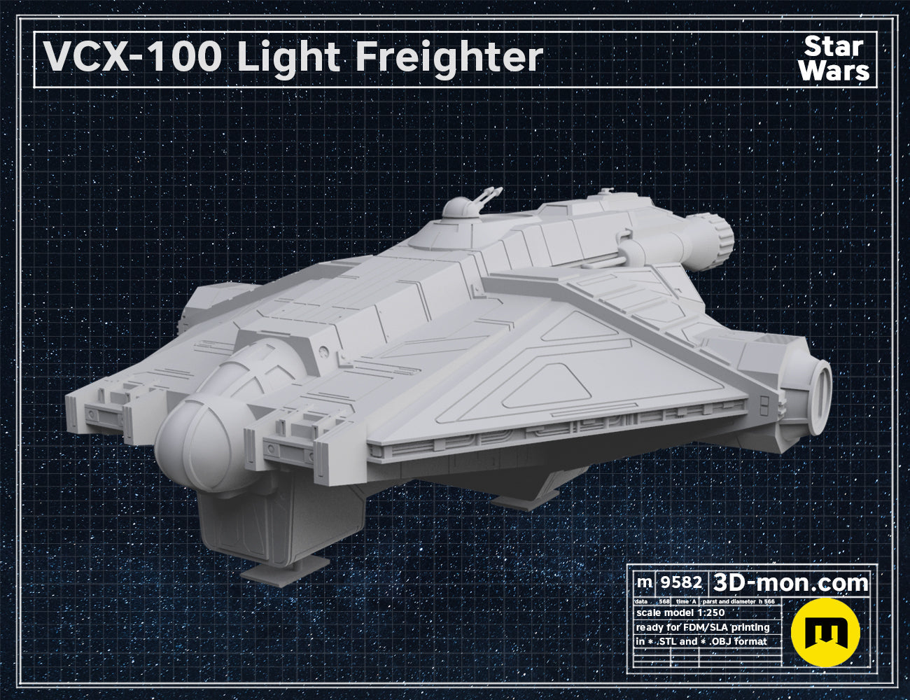 3D model render of VCX-100 Light Fighter STL, white Star Wars freighter, 1:250 scale.