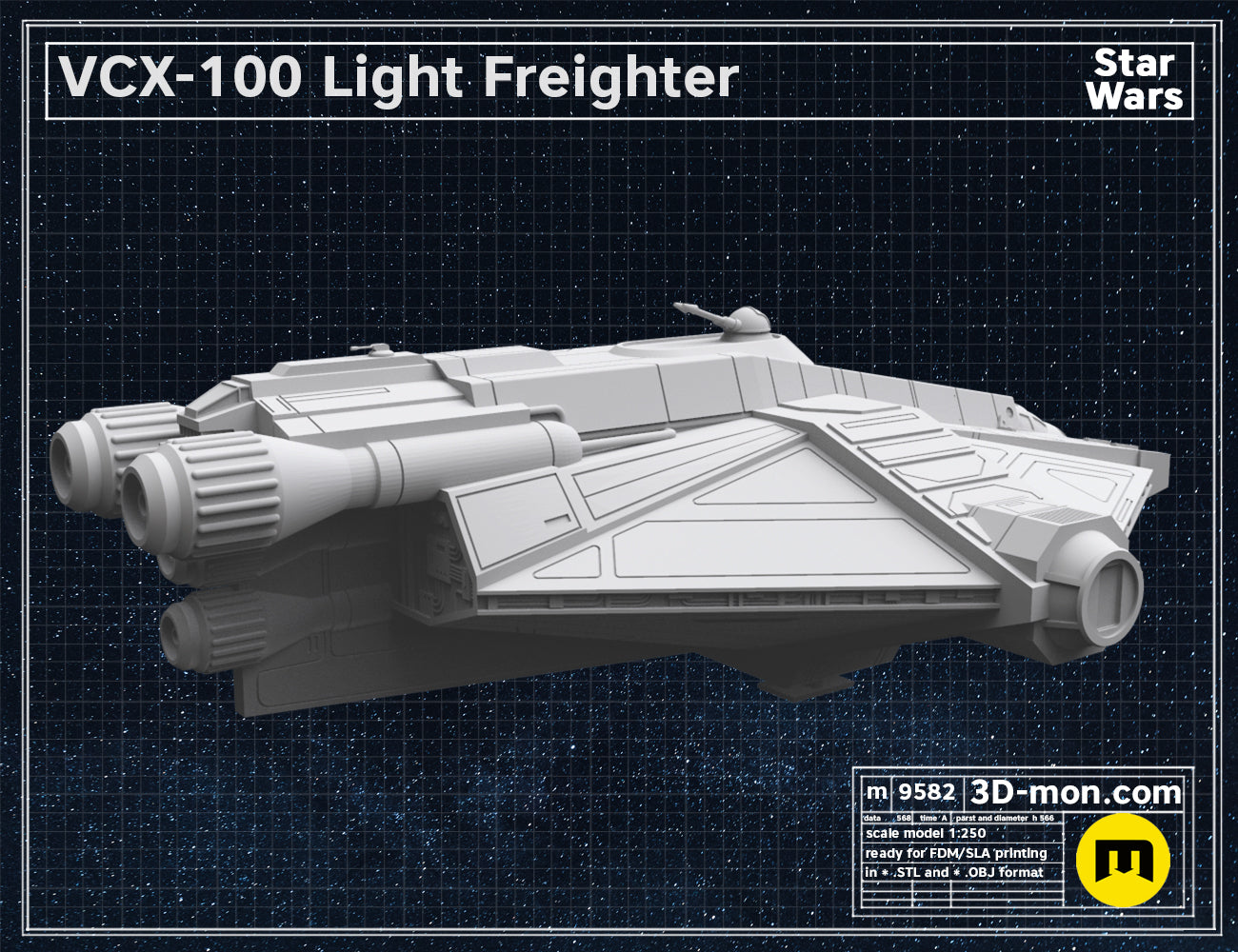3D model render of VCX-100 Light Freighter STL, grey 4-engine Star Wars ship, printable.