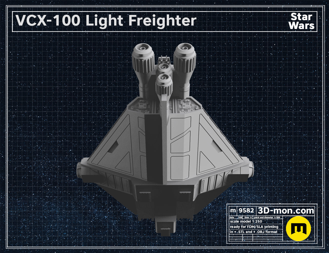 3D model render of VCX-100 Light Freighter STL, grey ship with twin prongs, Star Wars cosplay prop.