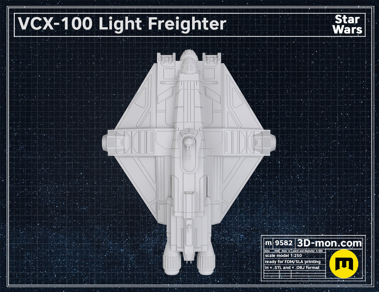 3D model render of VCX-100 Light Freighter STL, white Star Wars ship, four landing prongs.